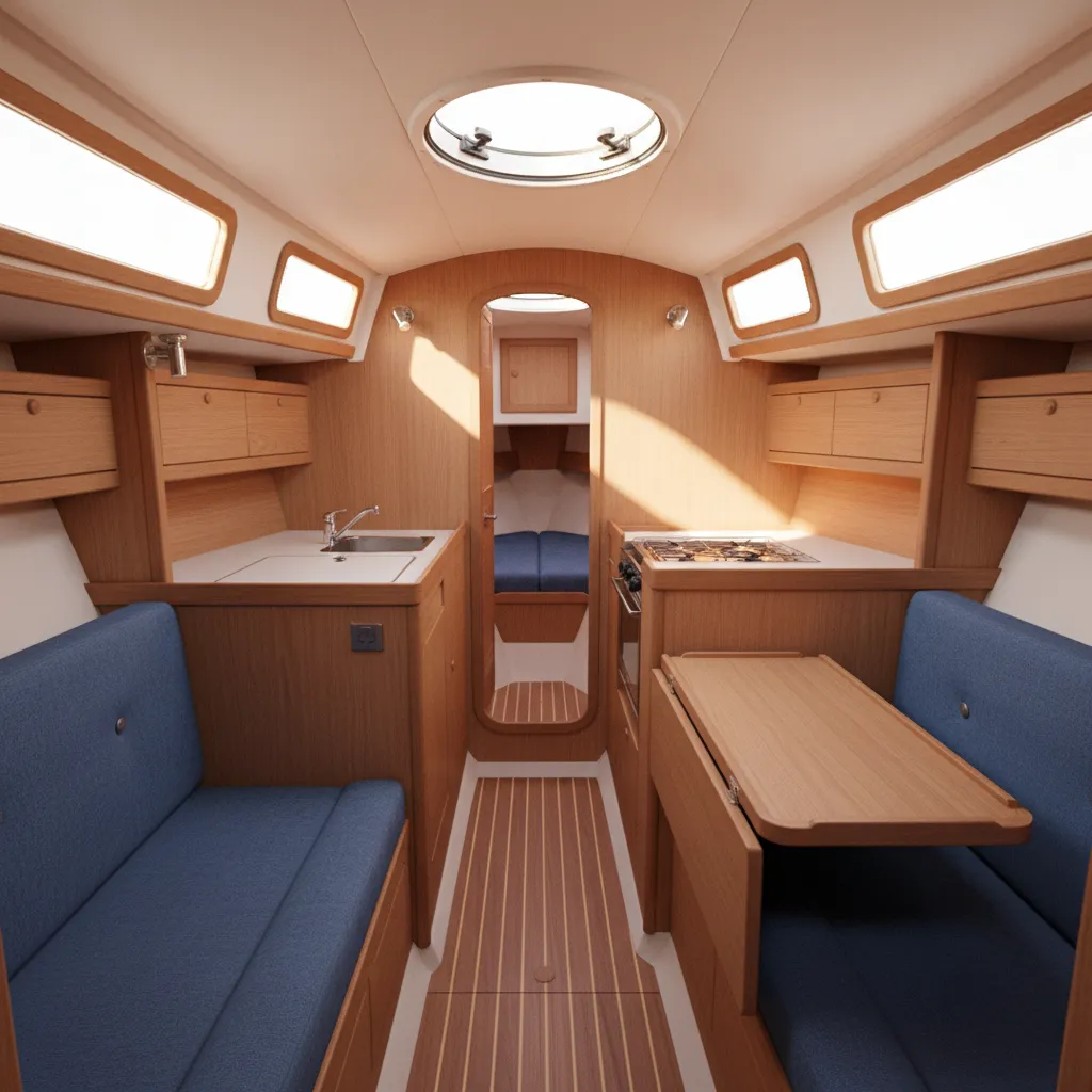 Compact sailboat cabin interior layout showing seating and galley arrangement