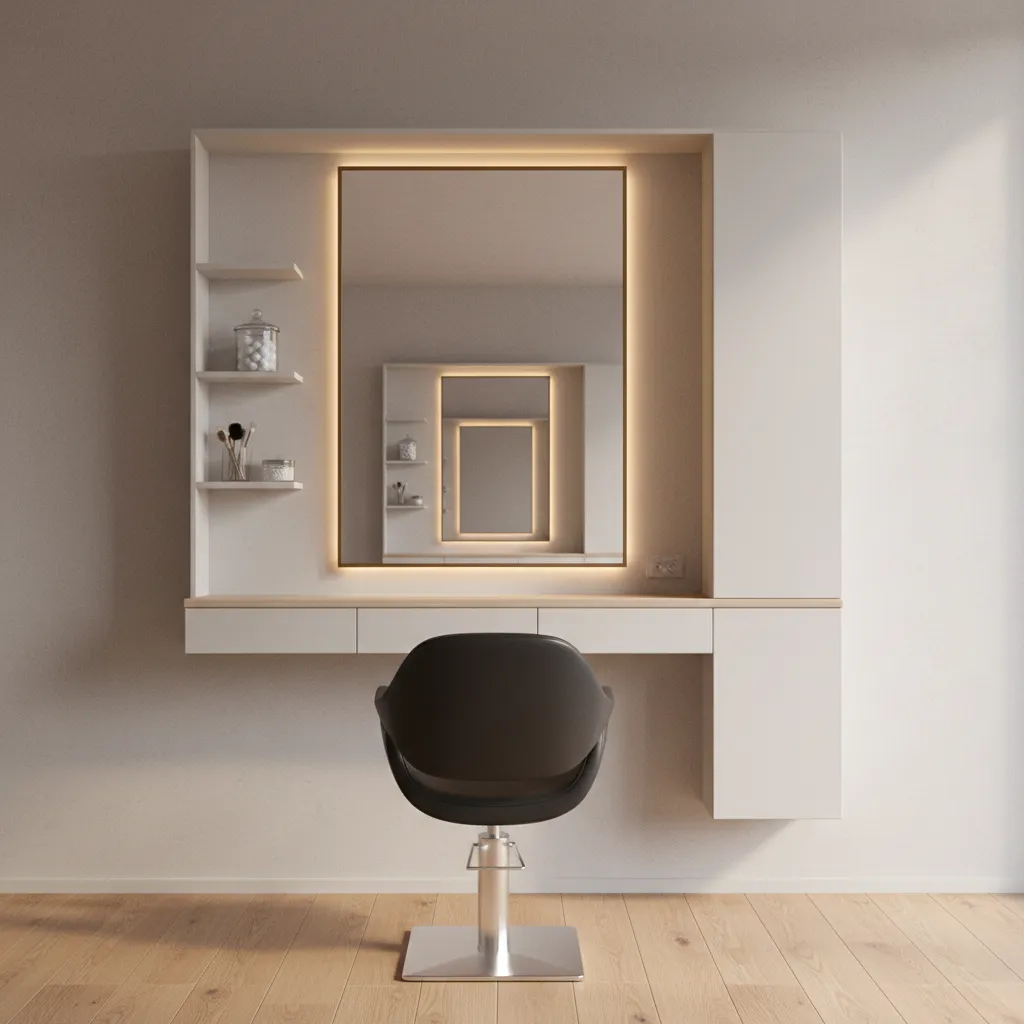 Compact wall mounted salon workstation with mirror and floating shelves