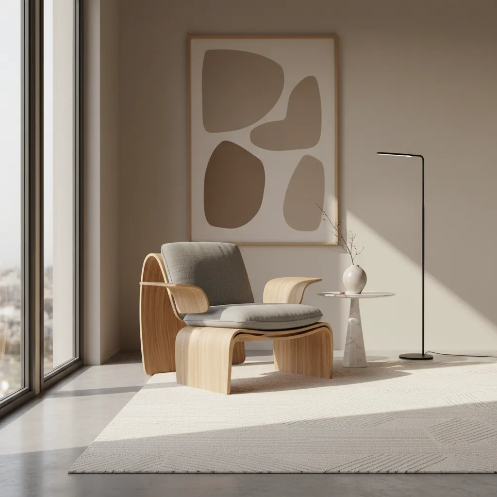 modern compact chair with molded plywood and fabric