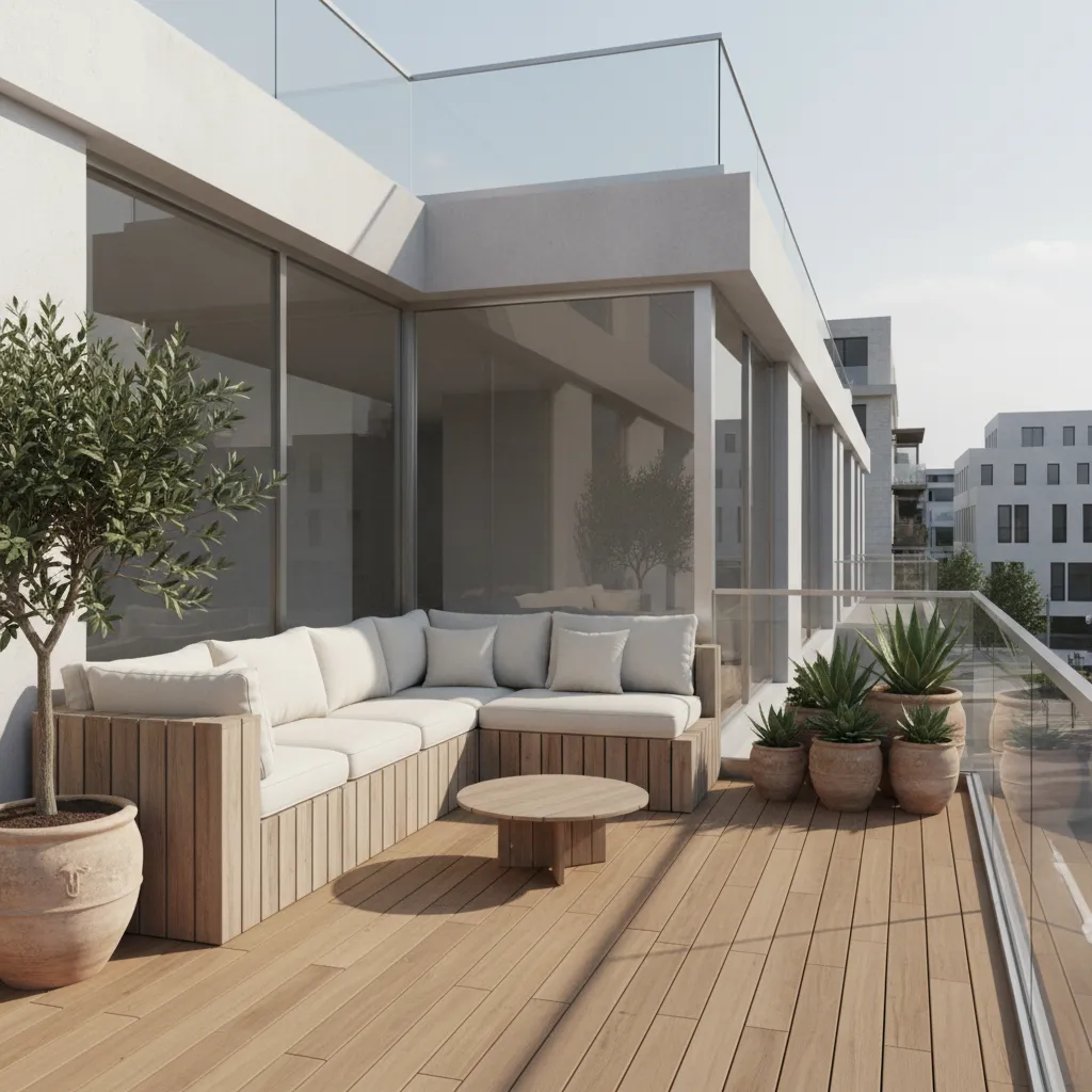 Small second floor terrace with seating corner and open center layout