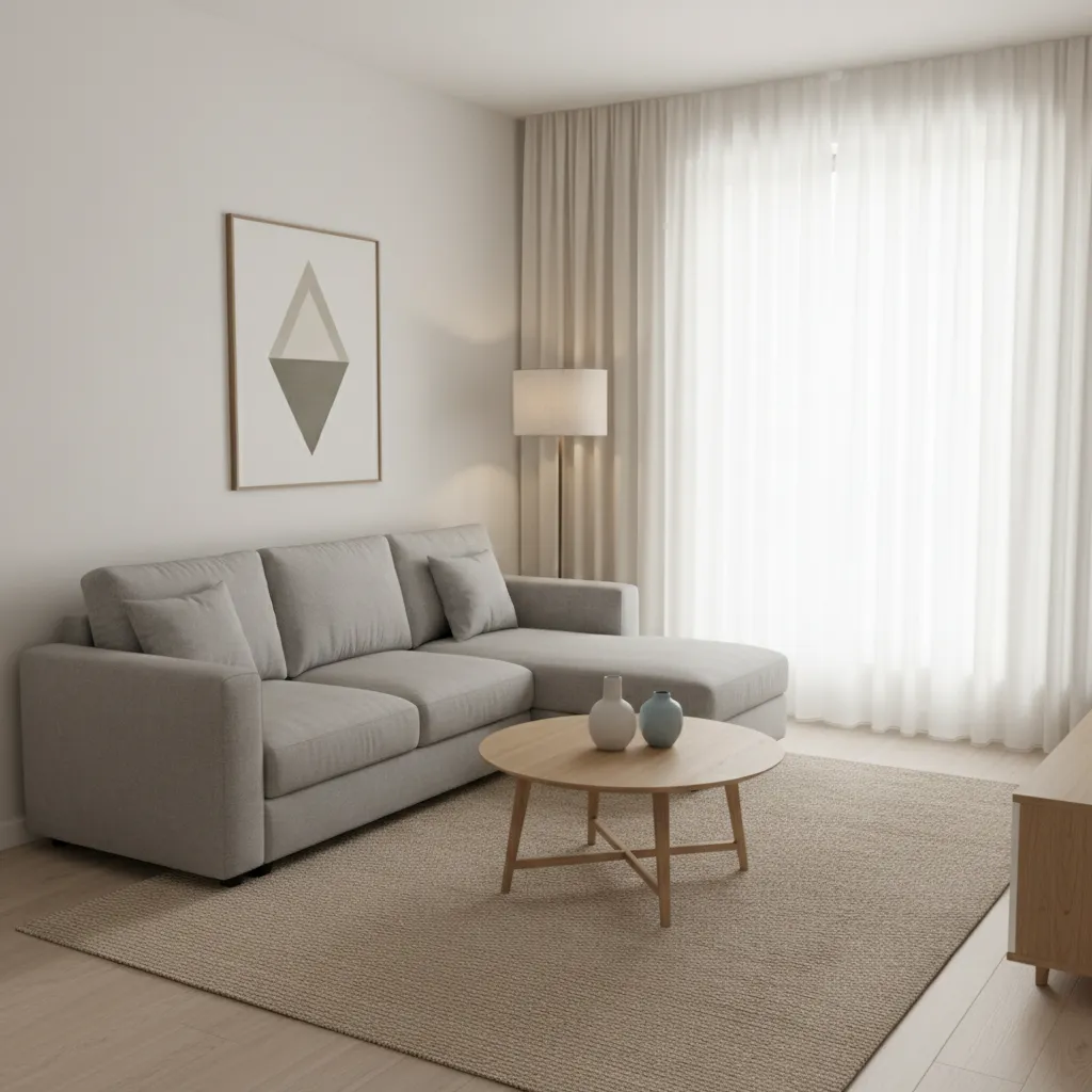 compact sectional sofa layout in a small 10x10 living room