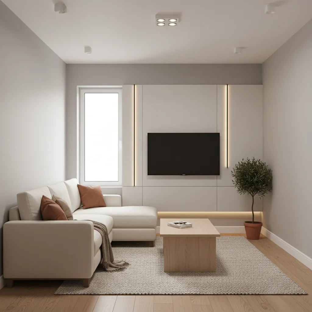 Compact sectional sofa layout in a small living room with coffee table