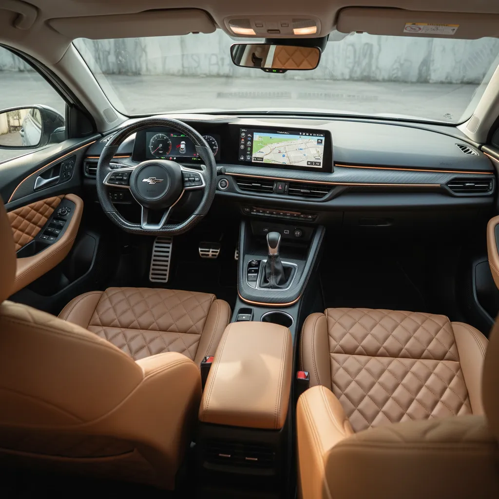 customized compact sedan interior with upgraded seats and lighting
