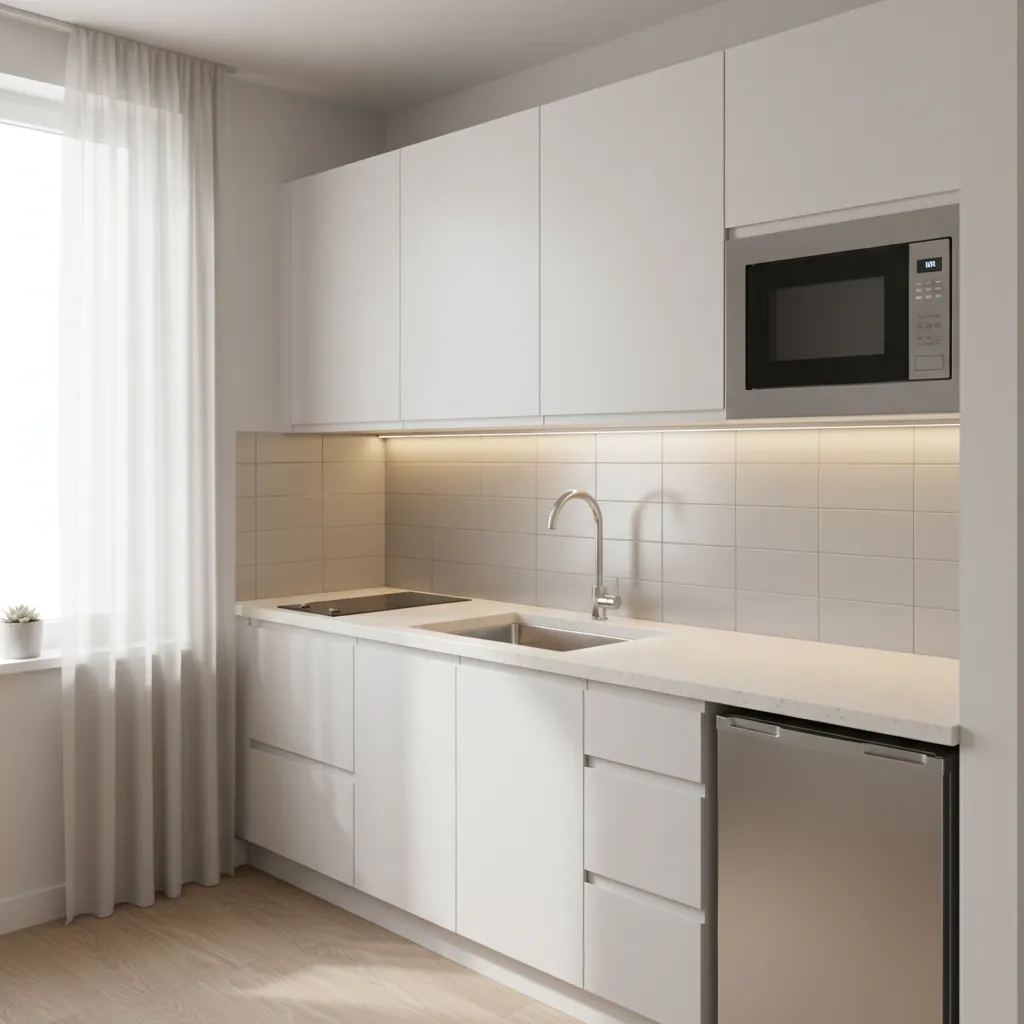 Modern white kitchen with cabinets sink microwave small fridge and warm under cabinet light fixture
