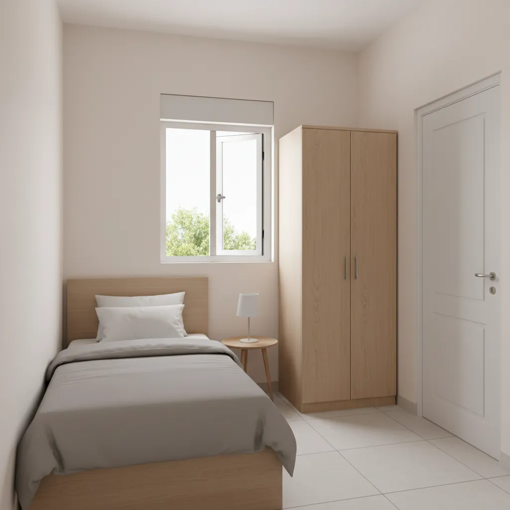 Small servant room with single bed, storage, and attached bathroom in apartment