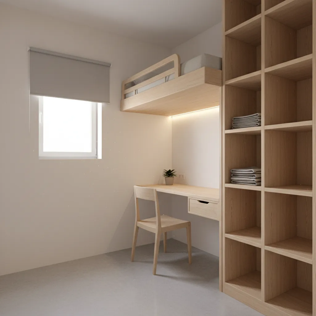 Compact servant room with loft bed and vertical storage