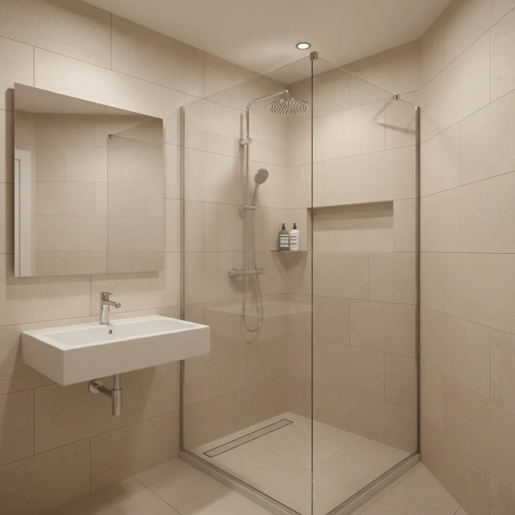 Small walk in shower with glass enclosure designed for compact bathroom