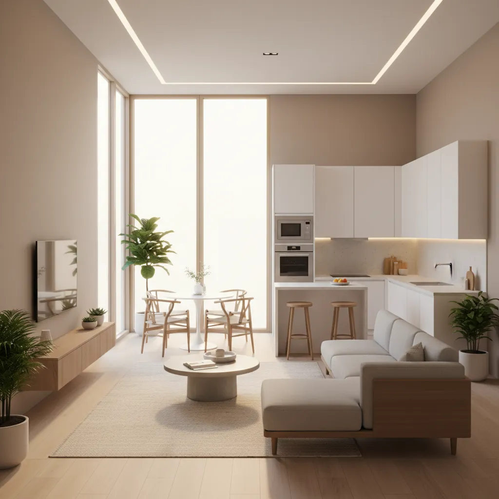 Compact open plan living area with white kitchen cabinets plus dining table and grey sofa