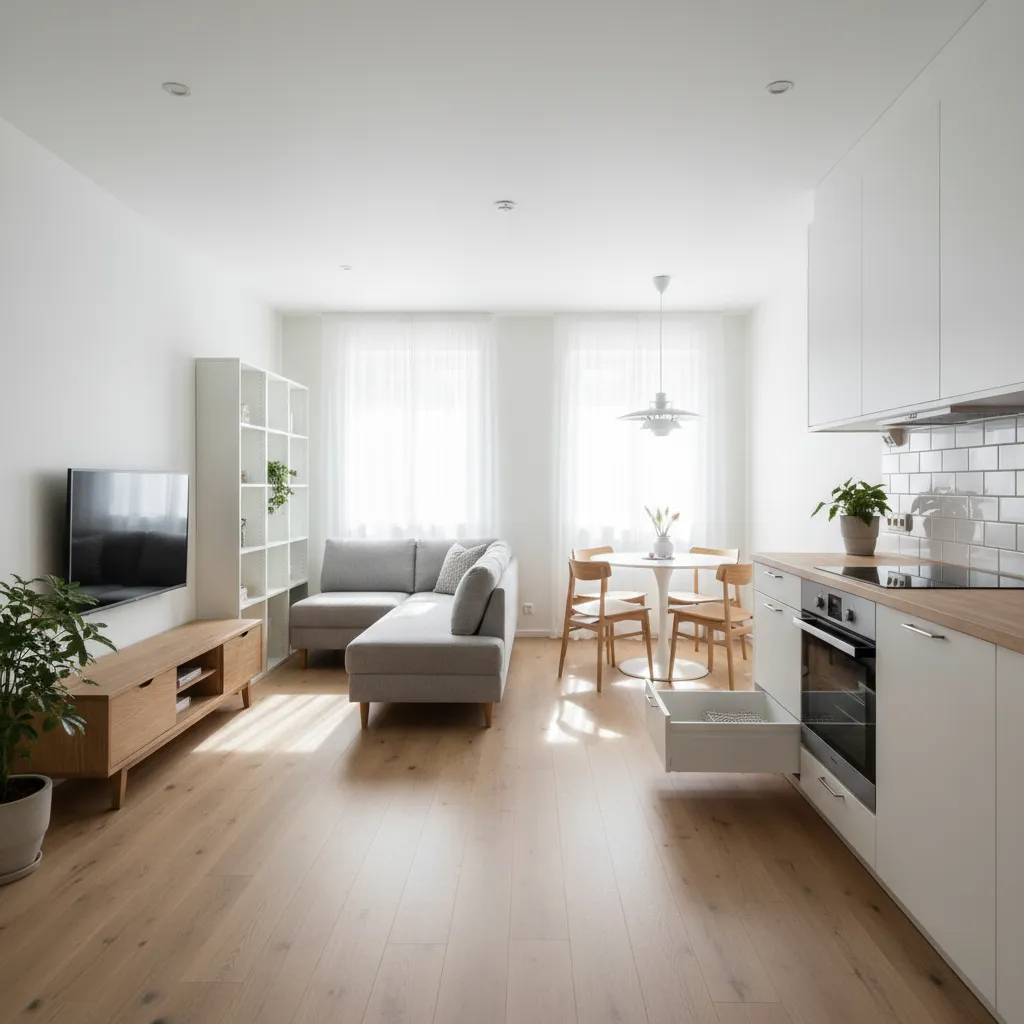 Interior compacto bien organizado de una casa pequeña de un piso