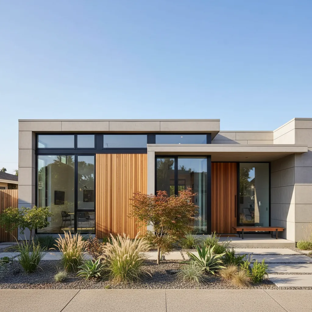 Modern flat roof house with wood wall panels large windows and garden under blue clear sky