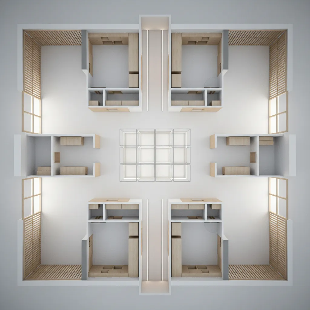 Six-Pack Micro Apartment Floor Logic: A future-forward small apartment plan where six units share one intelligent floor ecosystem