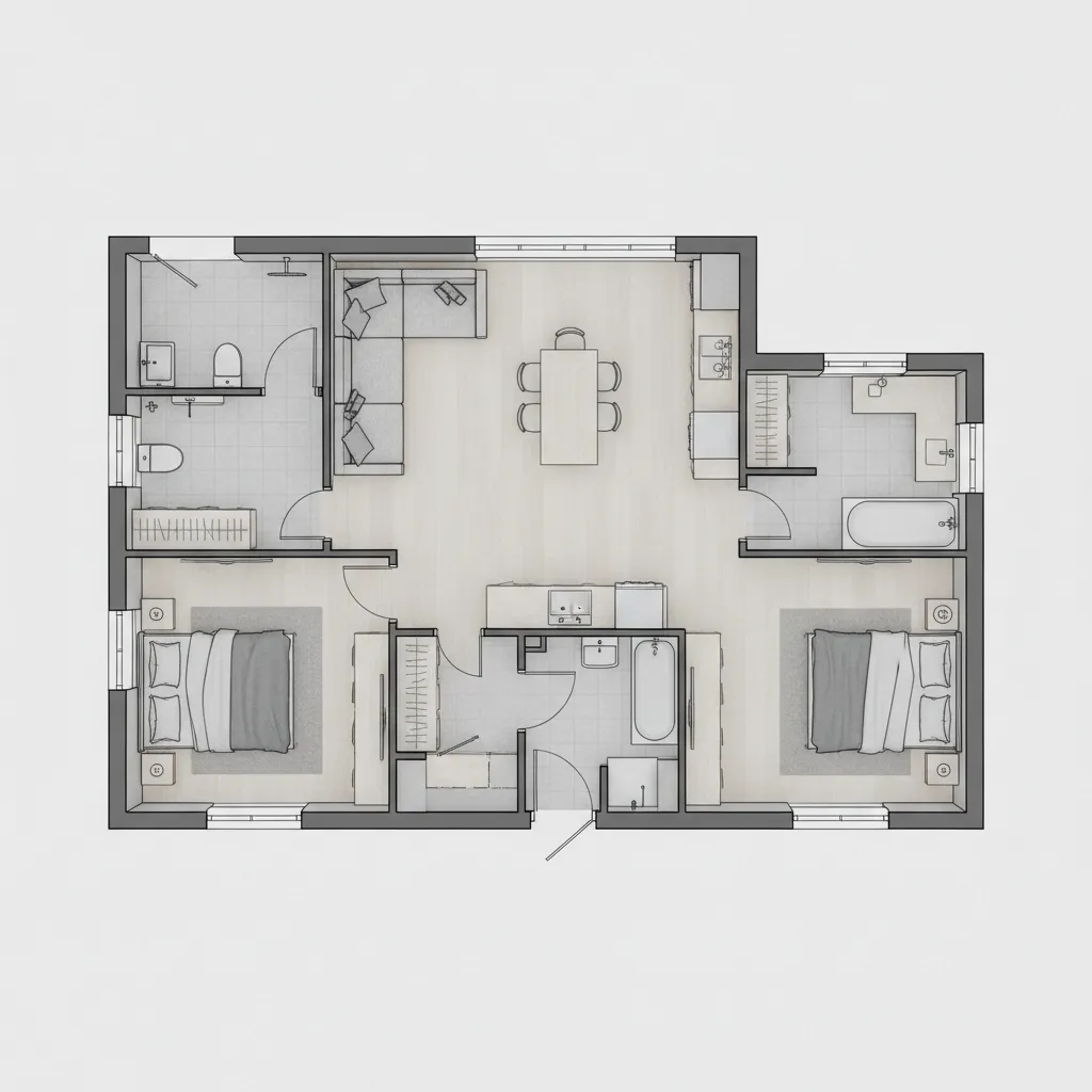 Plano compacto de casa pequeña bien distribuida