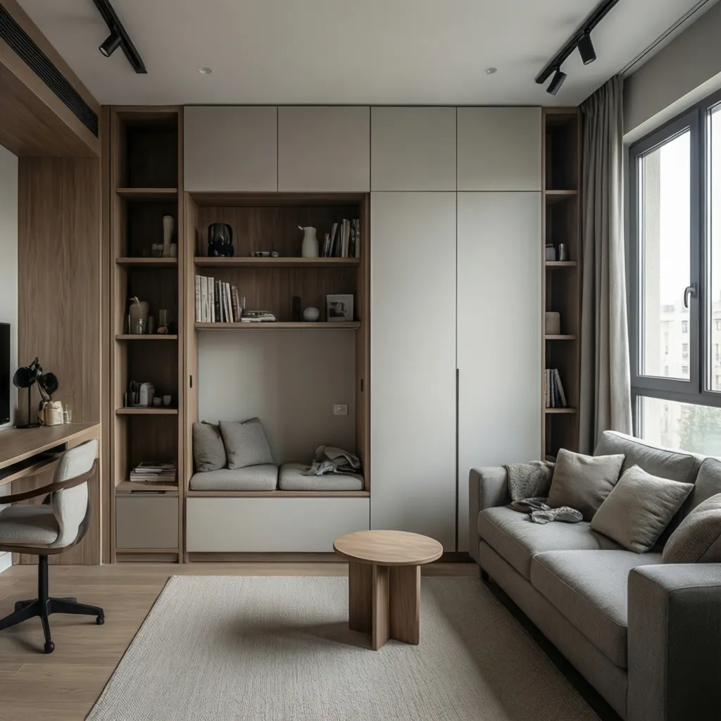 Small modern living room featuring a grey sofa wooden shelving white cabinet and workspace desk