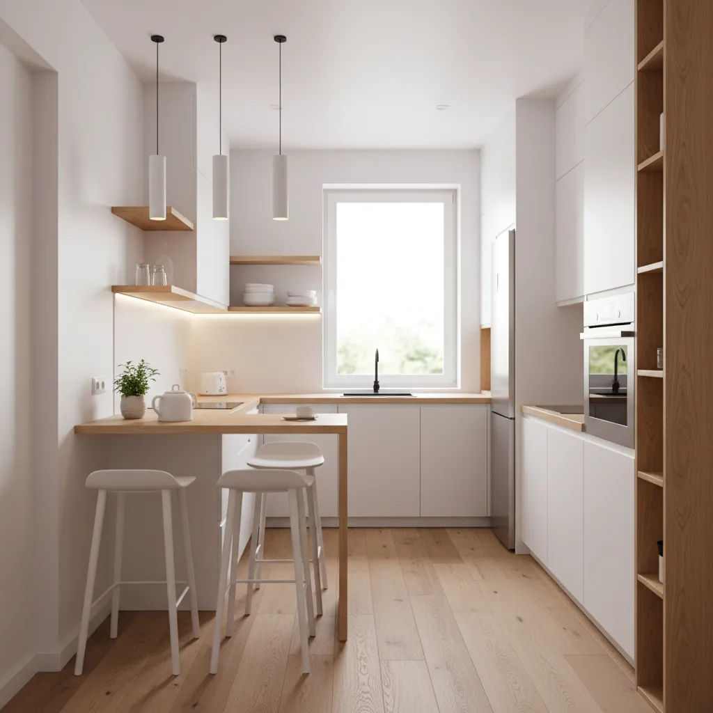compact small house kitchen layout with efficient cabinets and bright lighting