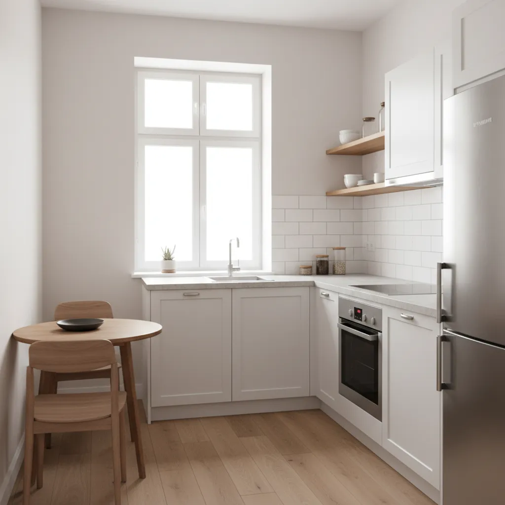 small modern kitchen with light cabinets and efficient layout