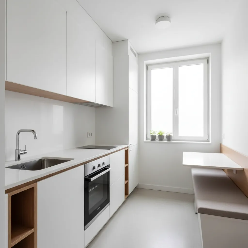 well organized small apartment kitchen with efficient layout and light cabinets