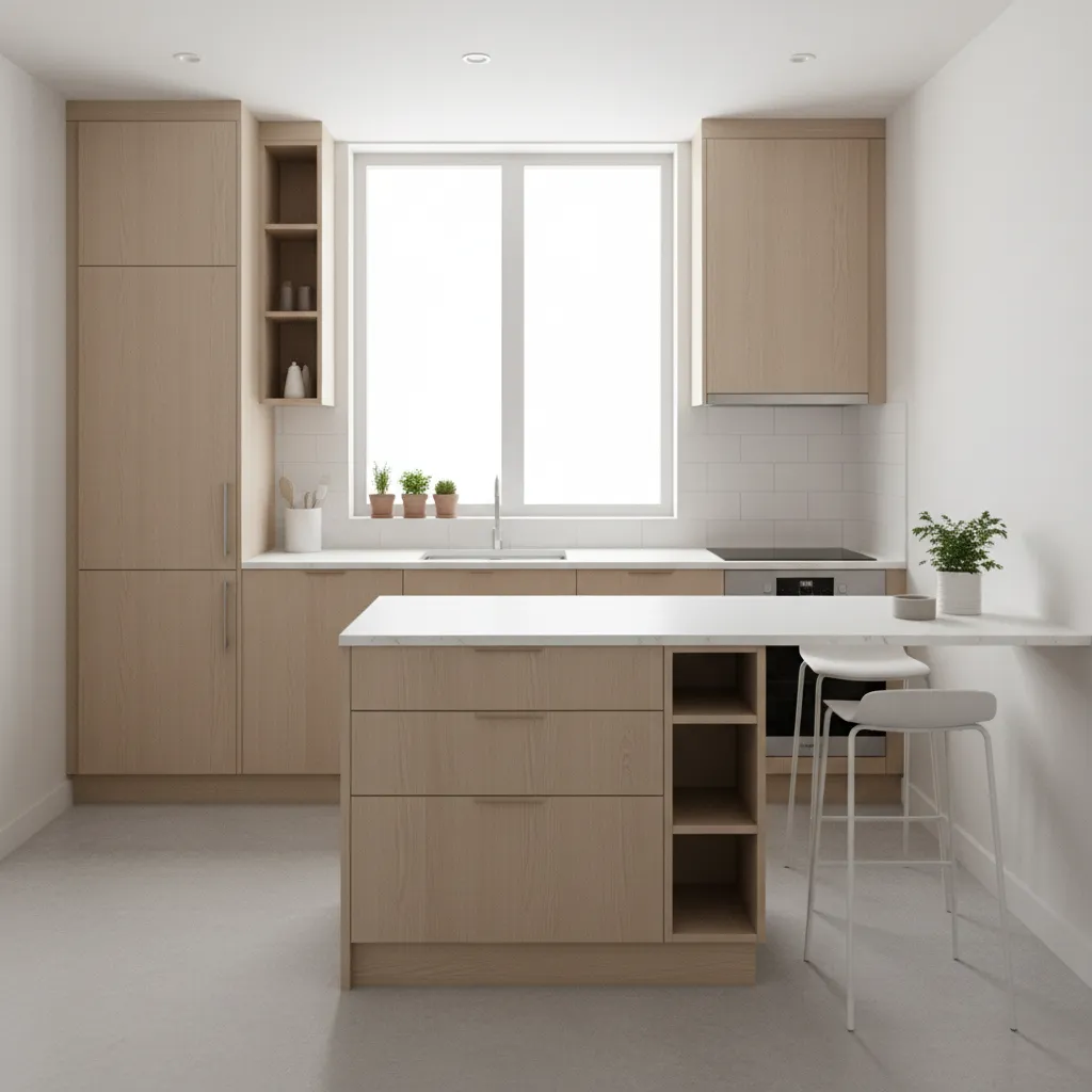 Small kitchen with compact island and integrated storage