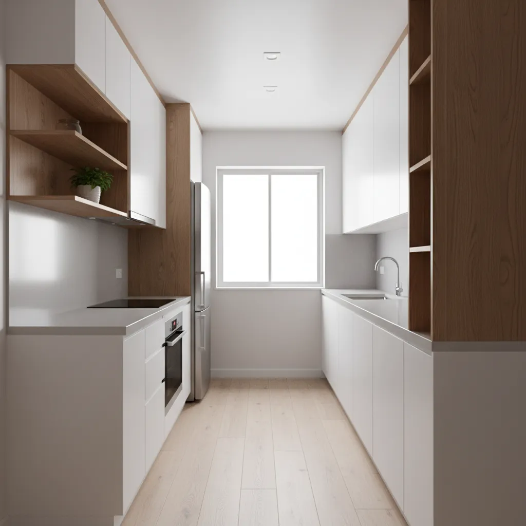 Compact apartment kitchen layout with efficient cabinetry