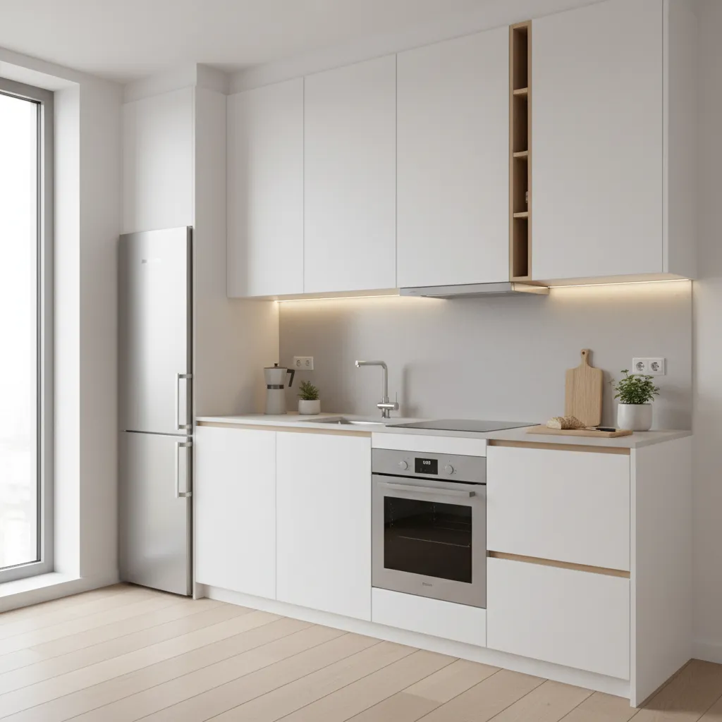 compact small kitchen with simple cabinets and efficient layout