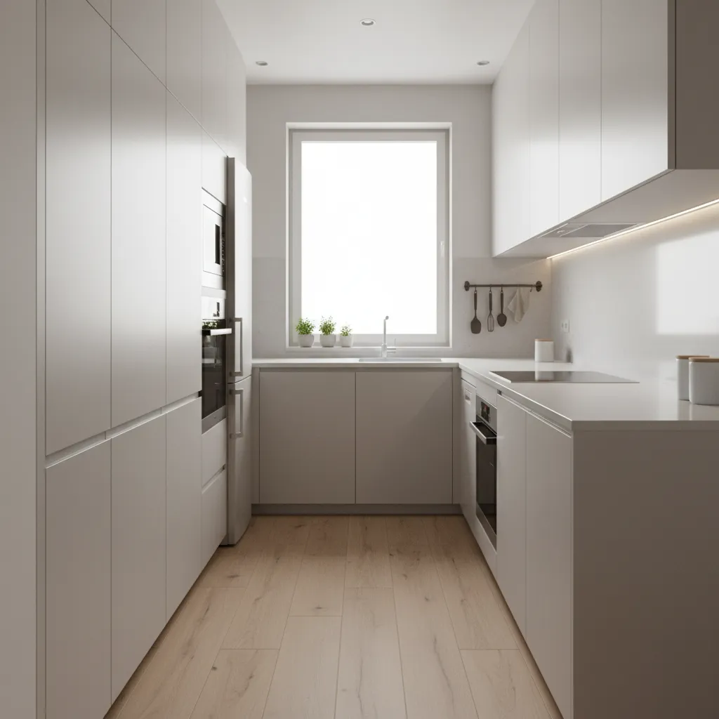 Compact small kitchen layout in modern apartment