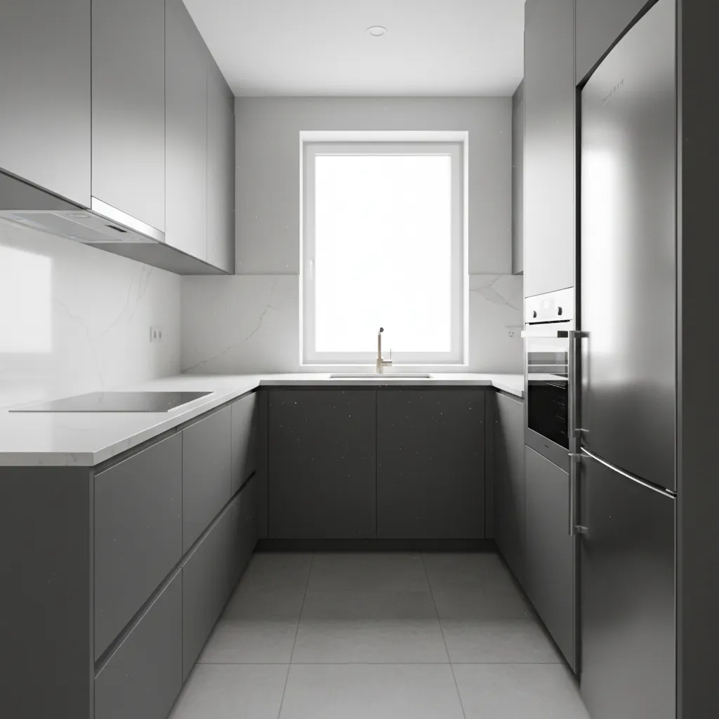 Compact apartment kitchen showing efficient layout and cabinet organization