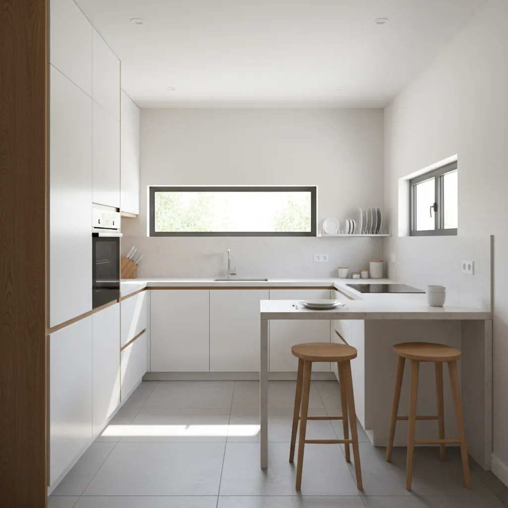 compact apartment kitchen with efficient layout and bright lighting