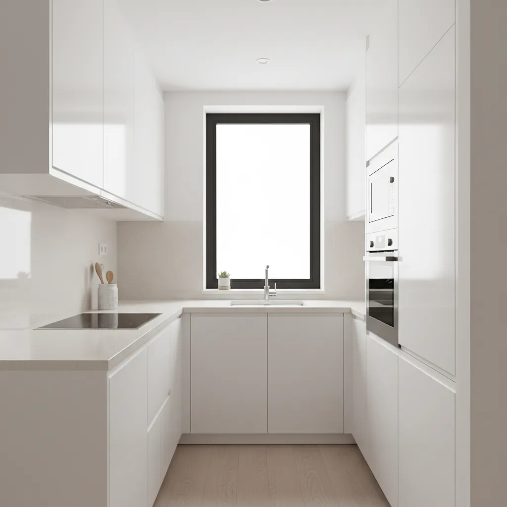 Compact apartment kitchen showing efficient layout and light color palette