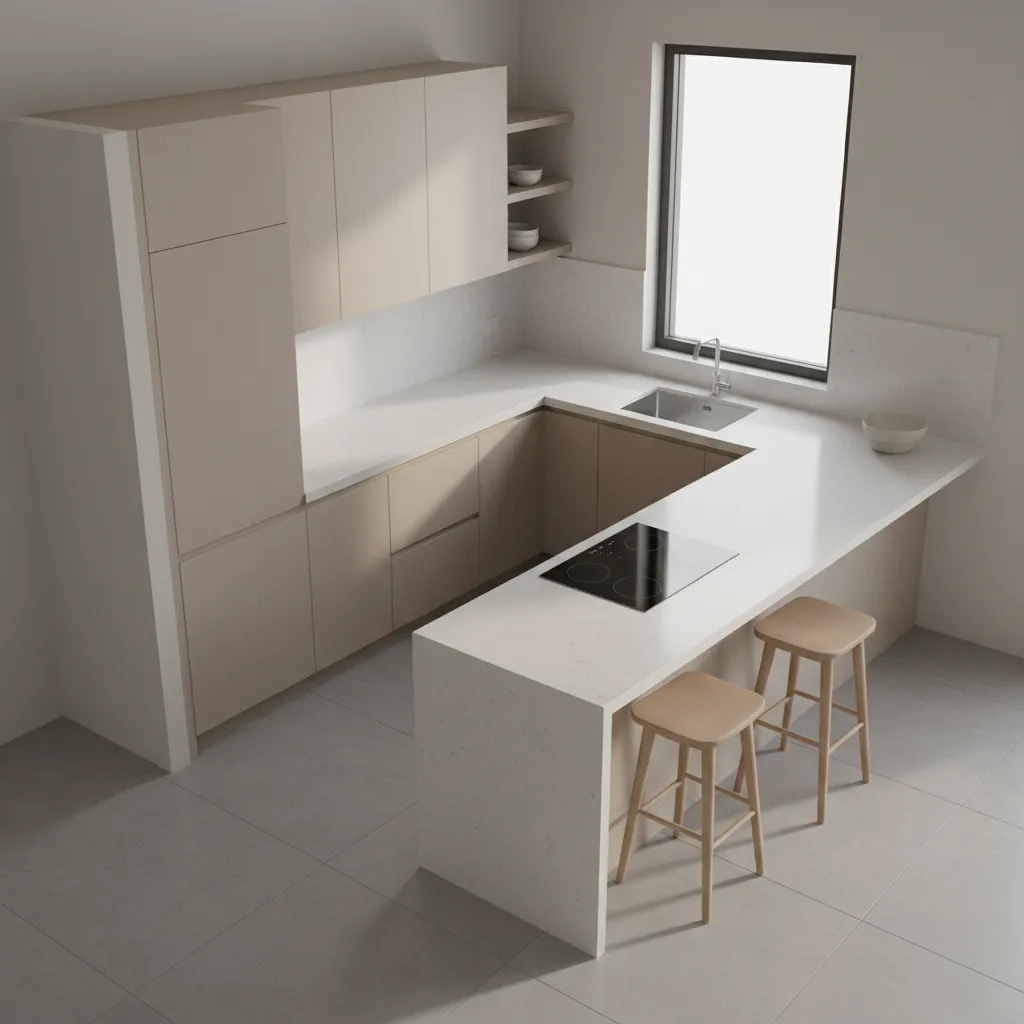 Compact small kitchen showing refrigerator sink and stove arranged efficiently