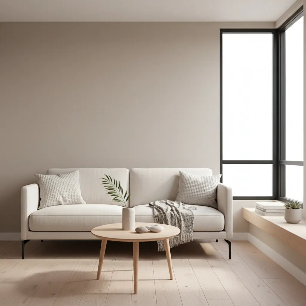 Compact living room layout with slim sofa and small coffee table