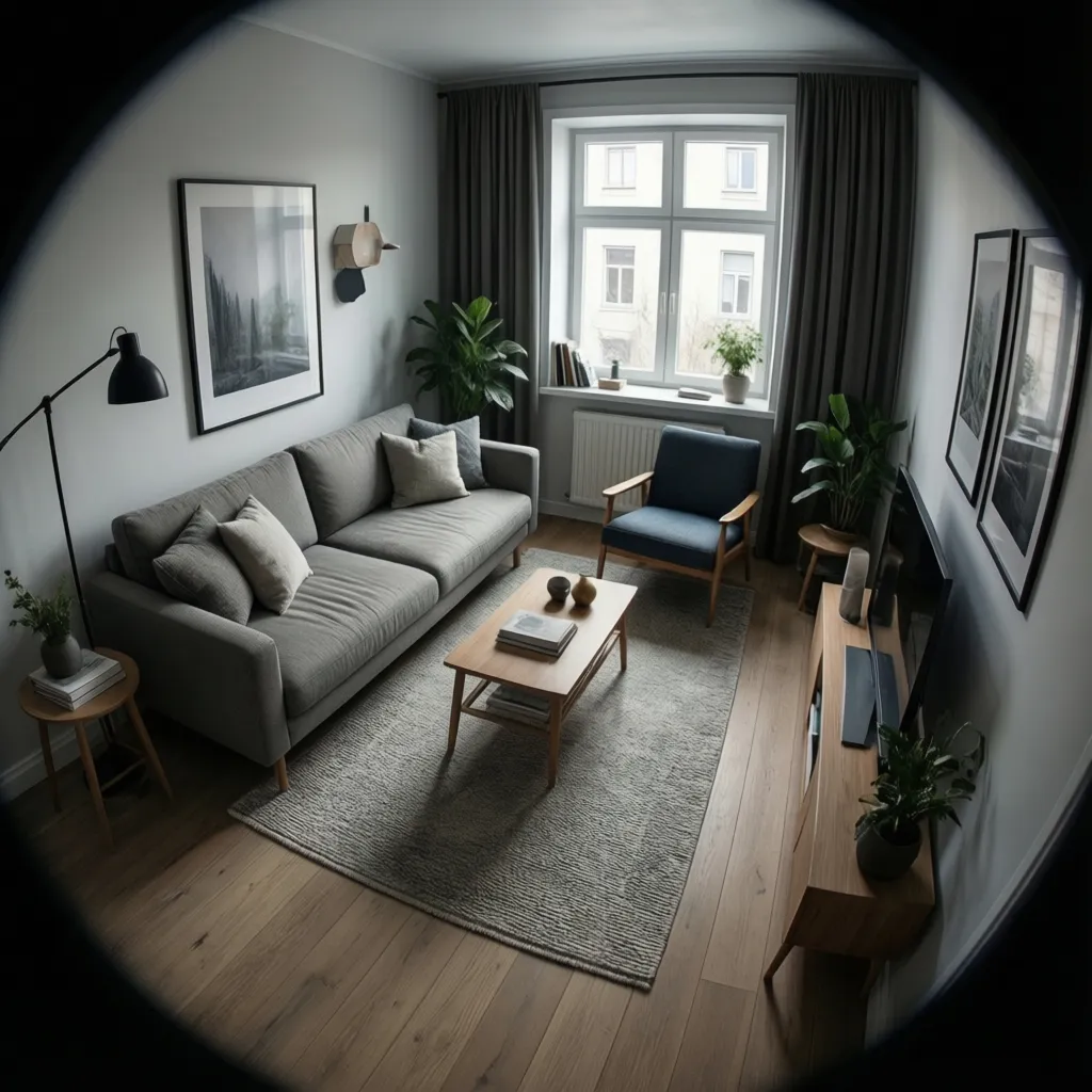 Compact small living room layout with sofa, chair and rug creating an open seating area