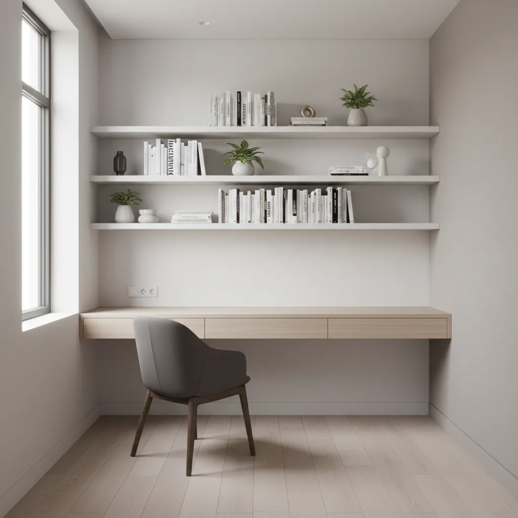 Small study room with wall desk floating shelves and organized workspace