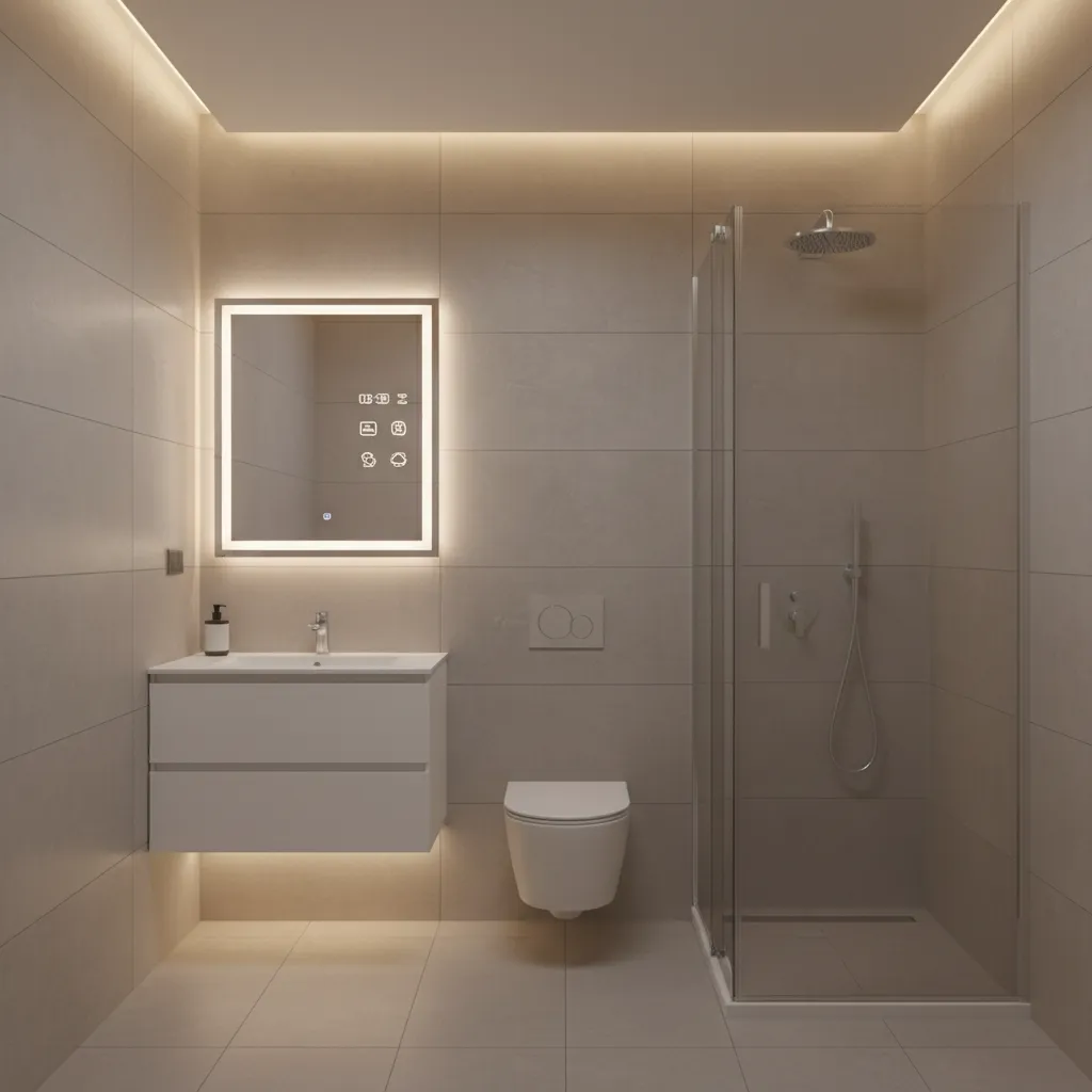 Minimalist bathroom showing white cabinet, square light mirror, toilet, glass shower, and warm wall lighting