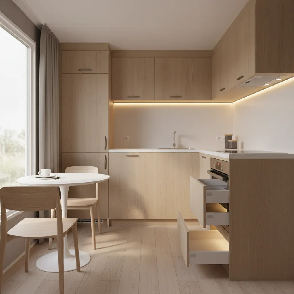 Small mobile home kitchen with modular smart cabinets and efficient storage layout