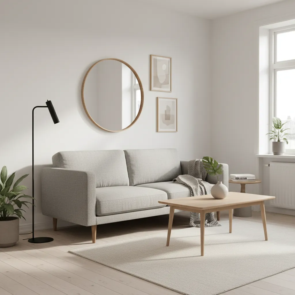 Minimalist living room with gray sofa wooden coffee table round mirror floor lamp and window