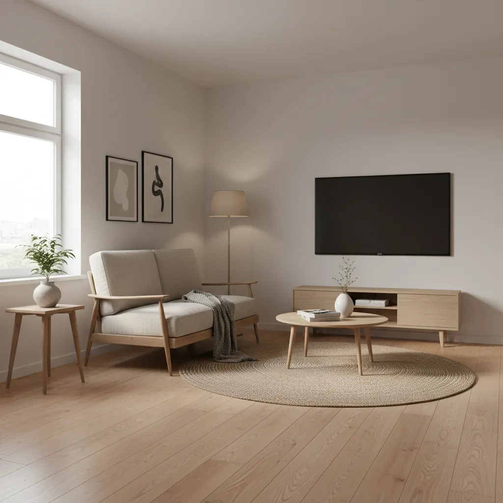 small apartment living room with compact sofa and open floor space