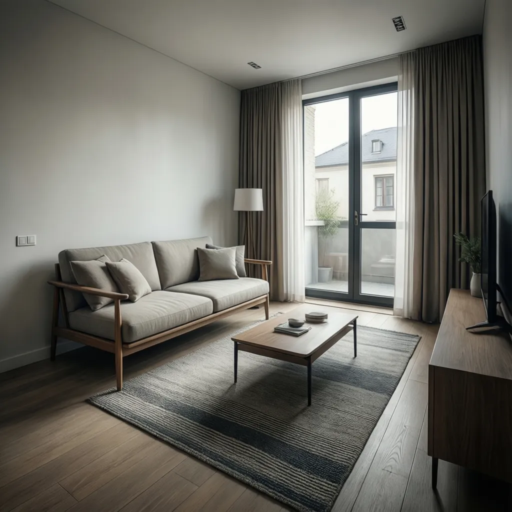 Modern living room featuring grey sofa wooden coffee table floor lamp and glass balcony door