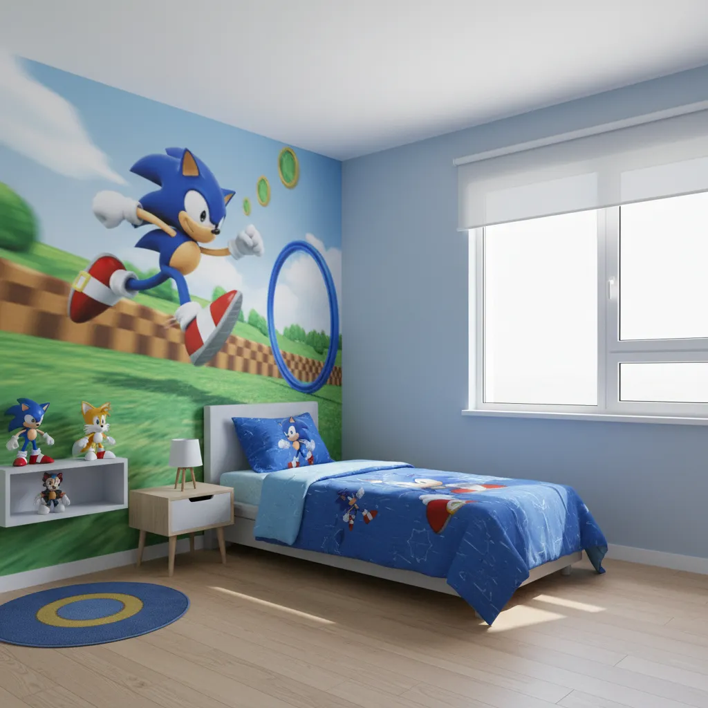 Compact Sonic themed bedroom layout with blue bedding and wall mural