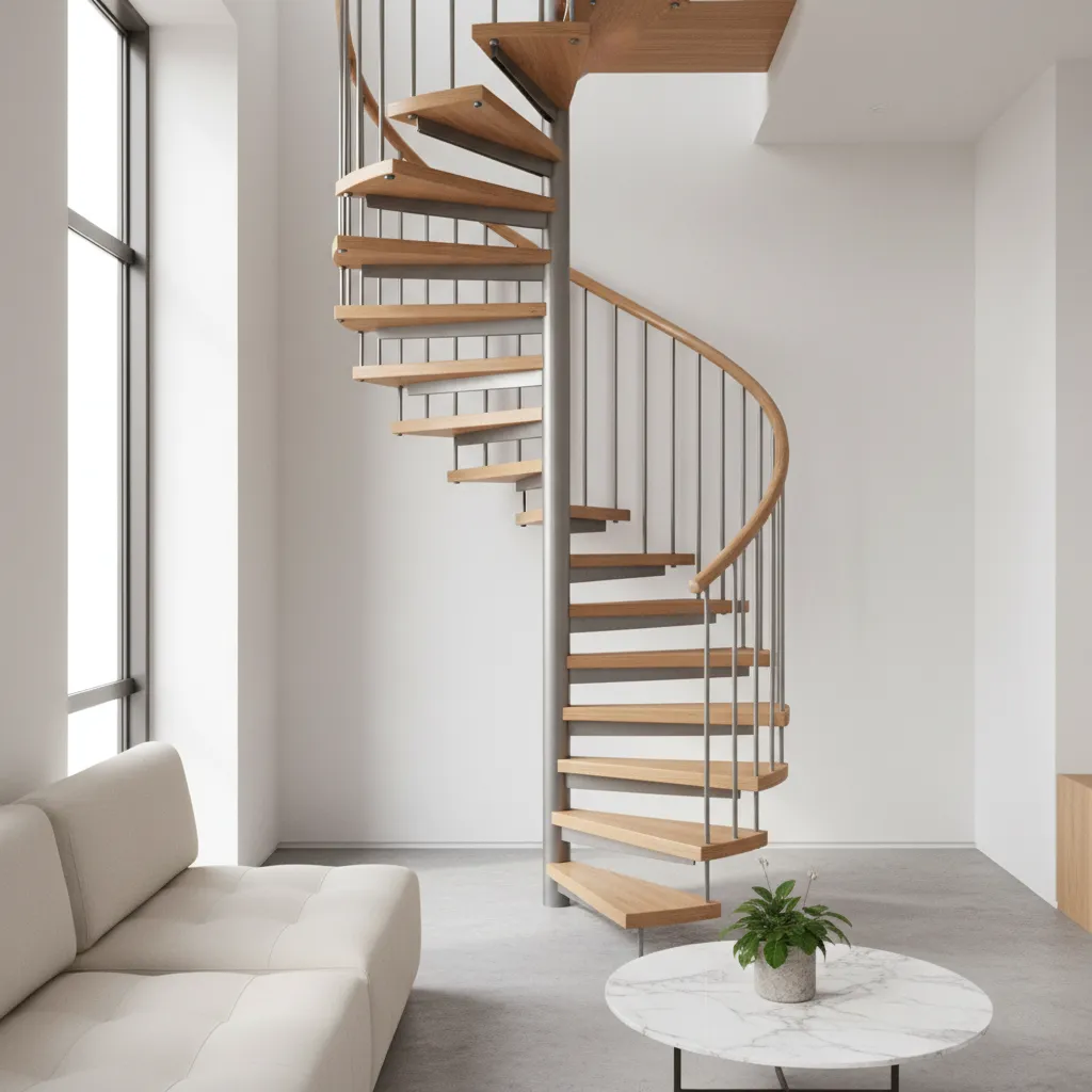Compact spiral staircase with wooden steps and metal handrail in a white room with sofa
