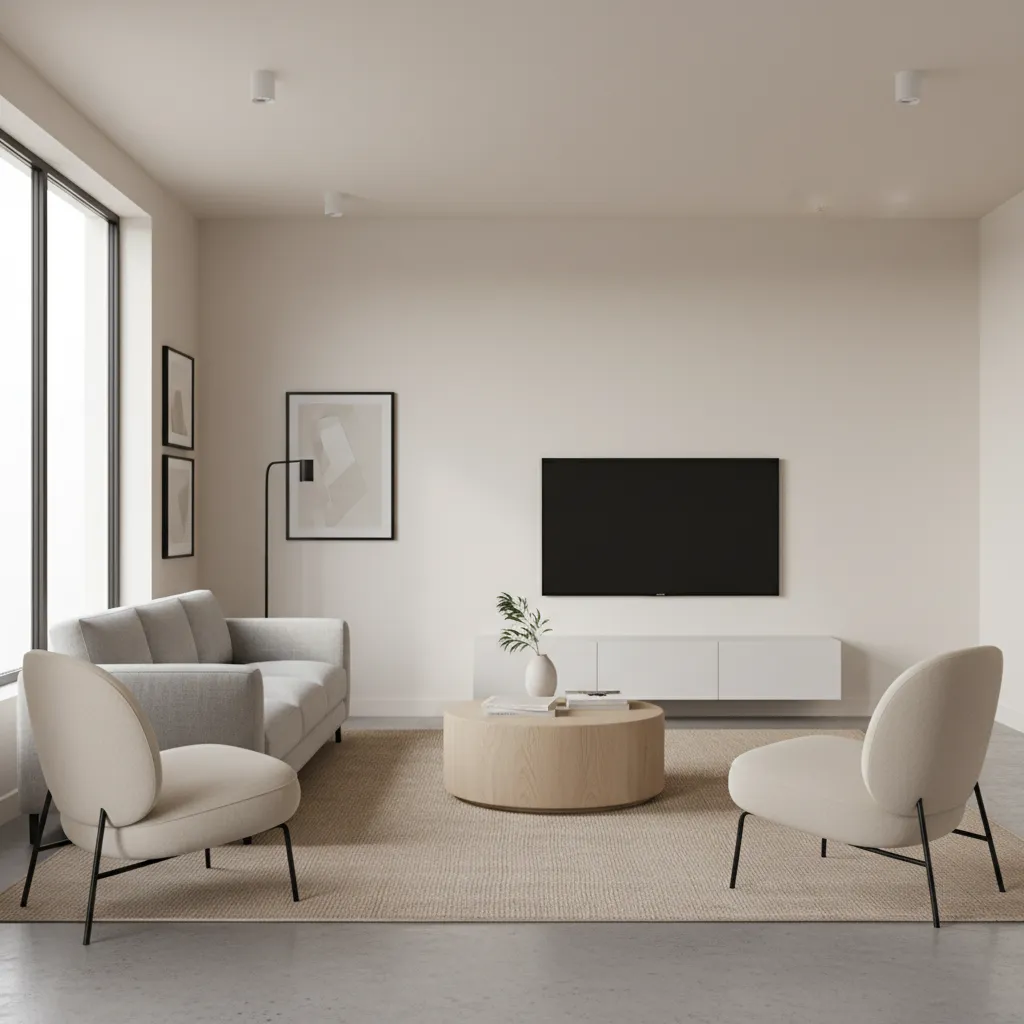 Compact square living room with sofa two chairs and ottoman layout
