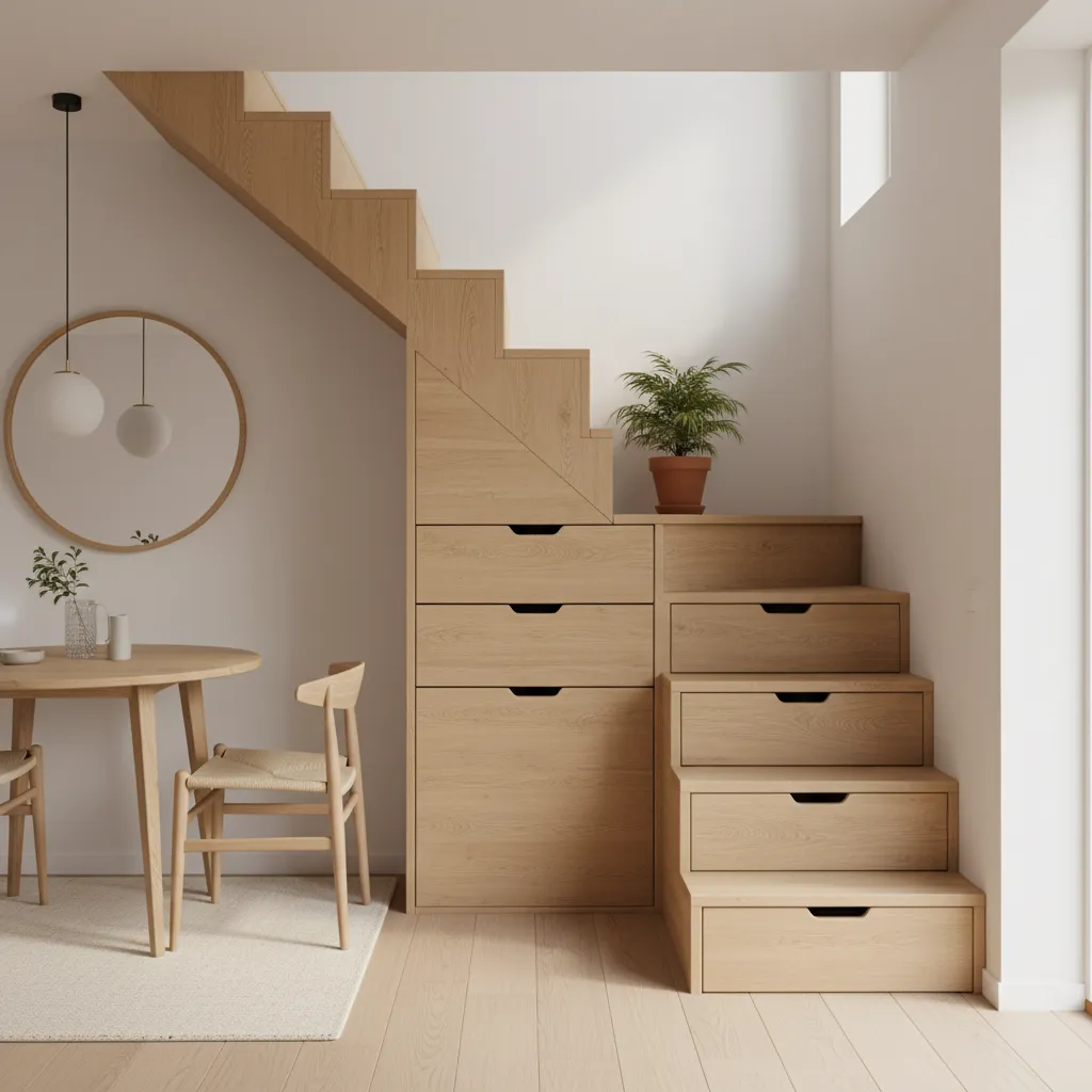 Escalera compacta con almacenamiento en casa pequeña moderna