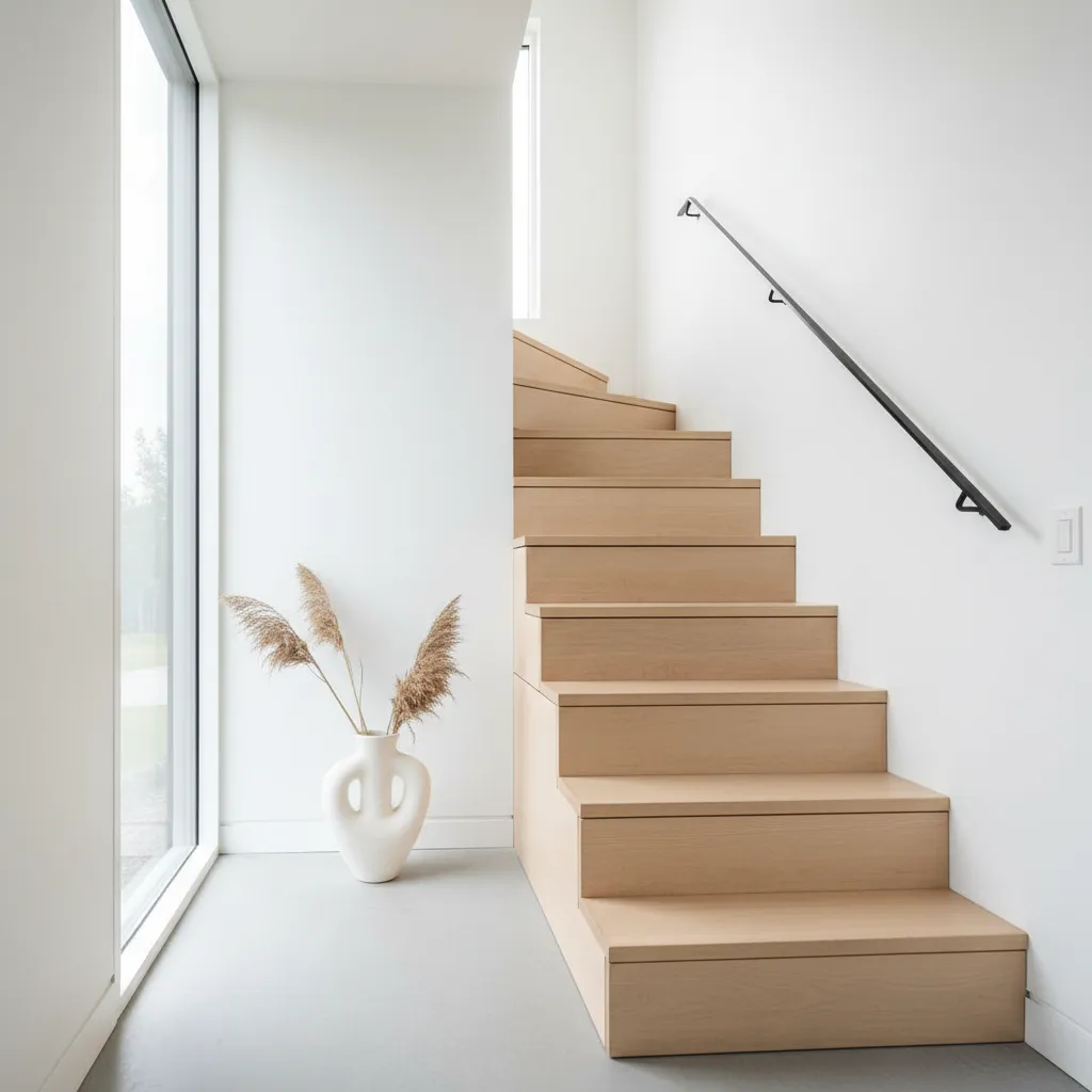 Minimalist interior featuring light wood stairs, white walls, black handrail, large window, and decorative vase