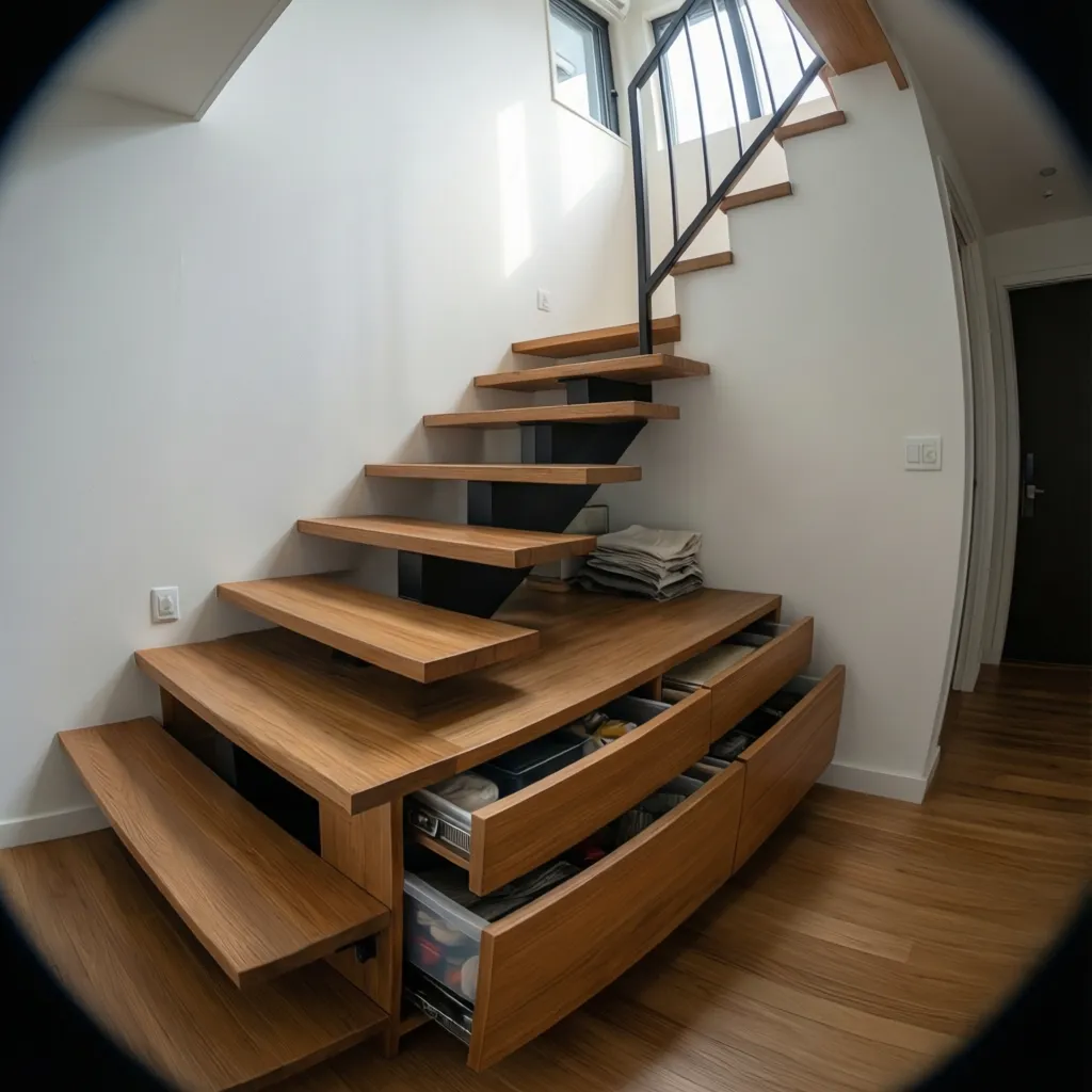 Escalera compacta moderna con almacenamiento debajo en casa pequeña