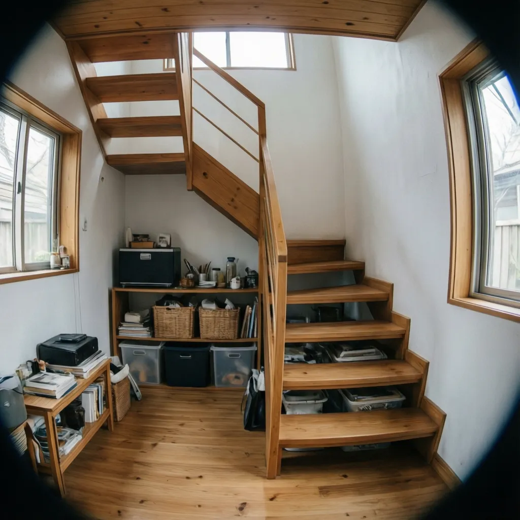 Escalera compacta con almacenamiento debajo en una casa pequeña