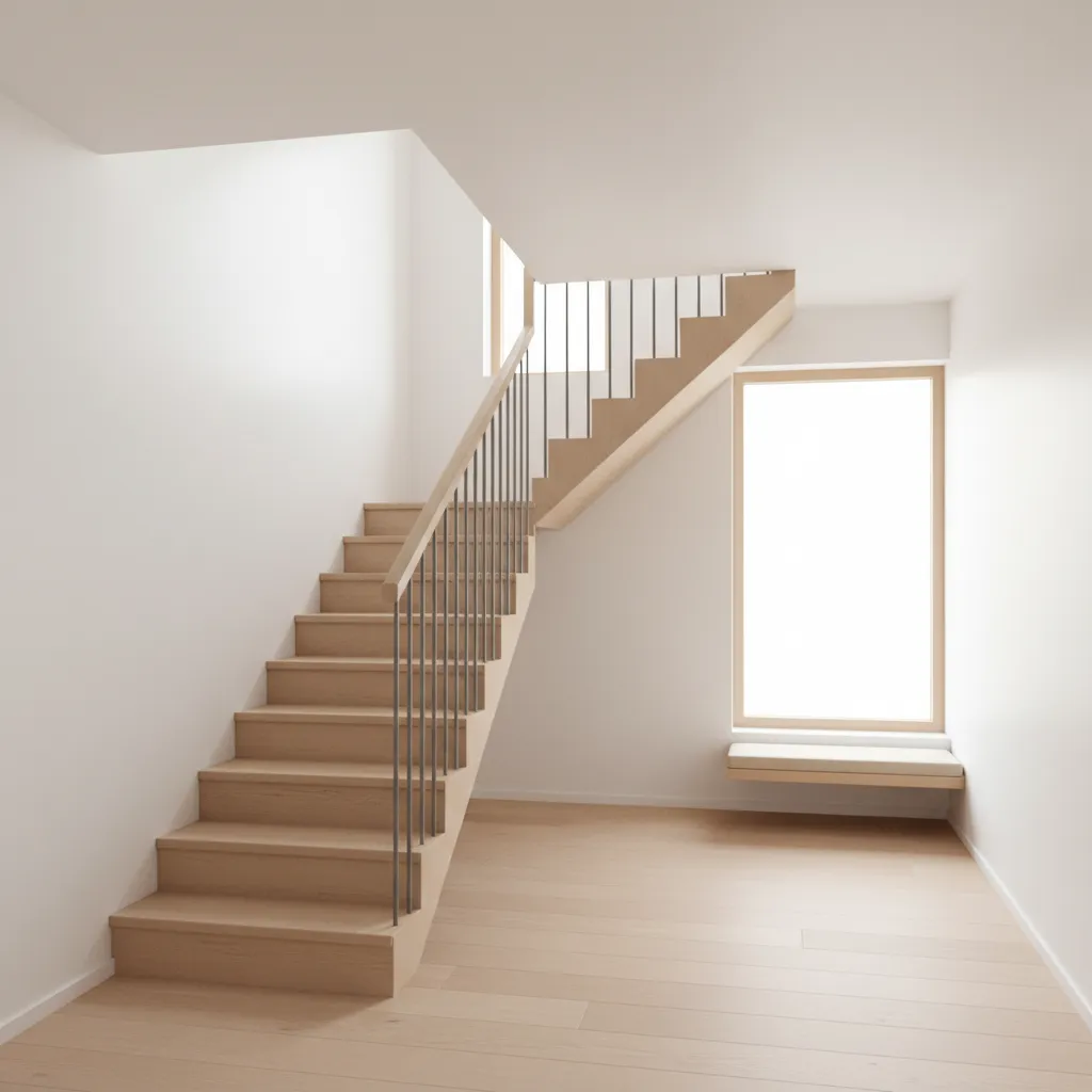 Modern wooden staircase in bright white room with light wood floors and small window bench