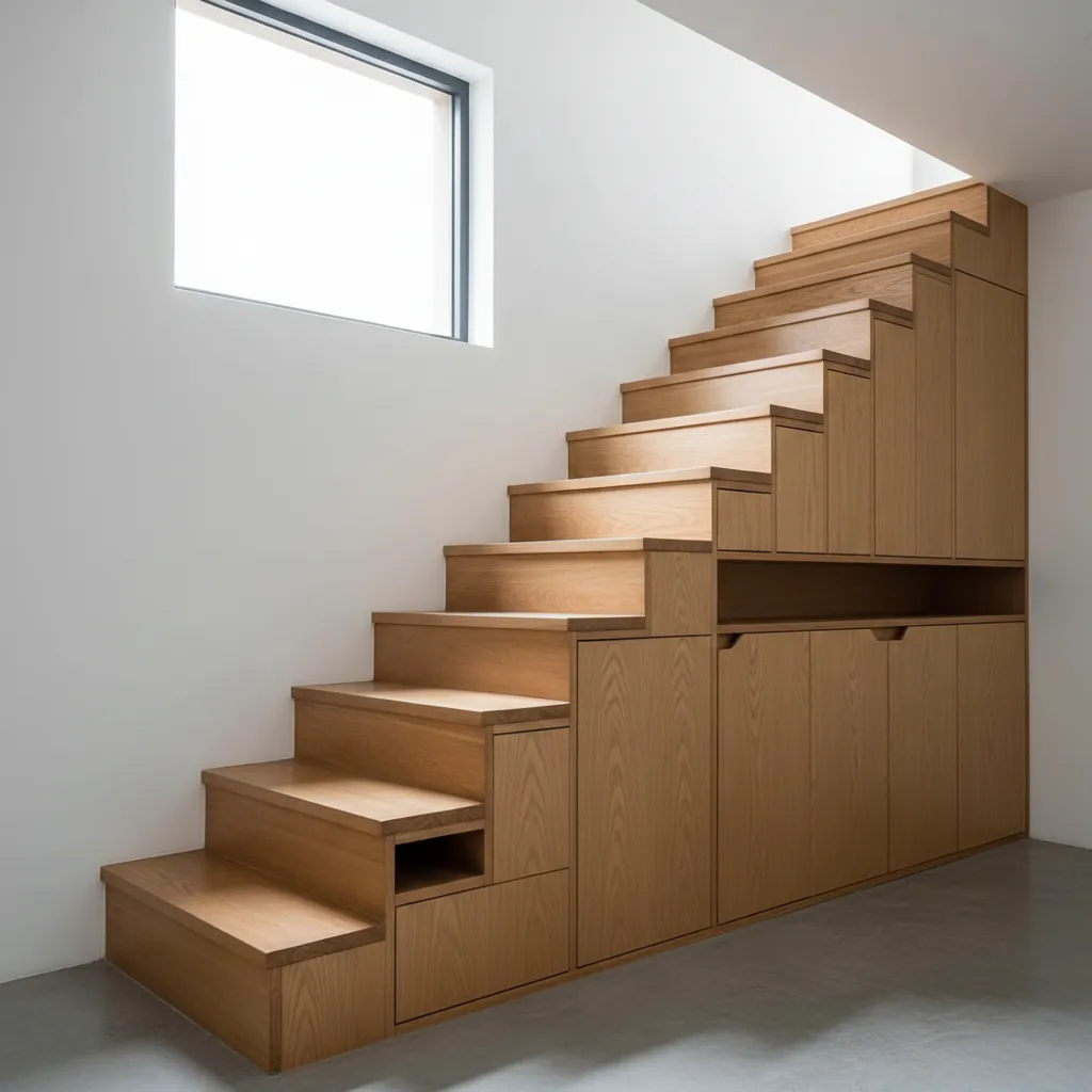 Wooden staircase featuring built in storage cabinets under the steps next to a square window