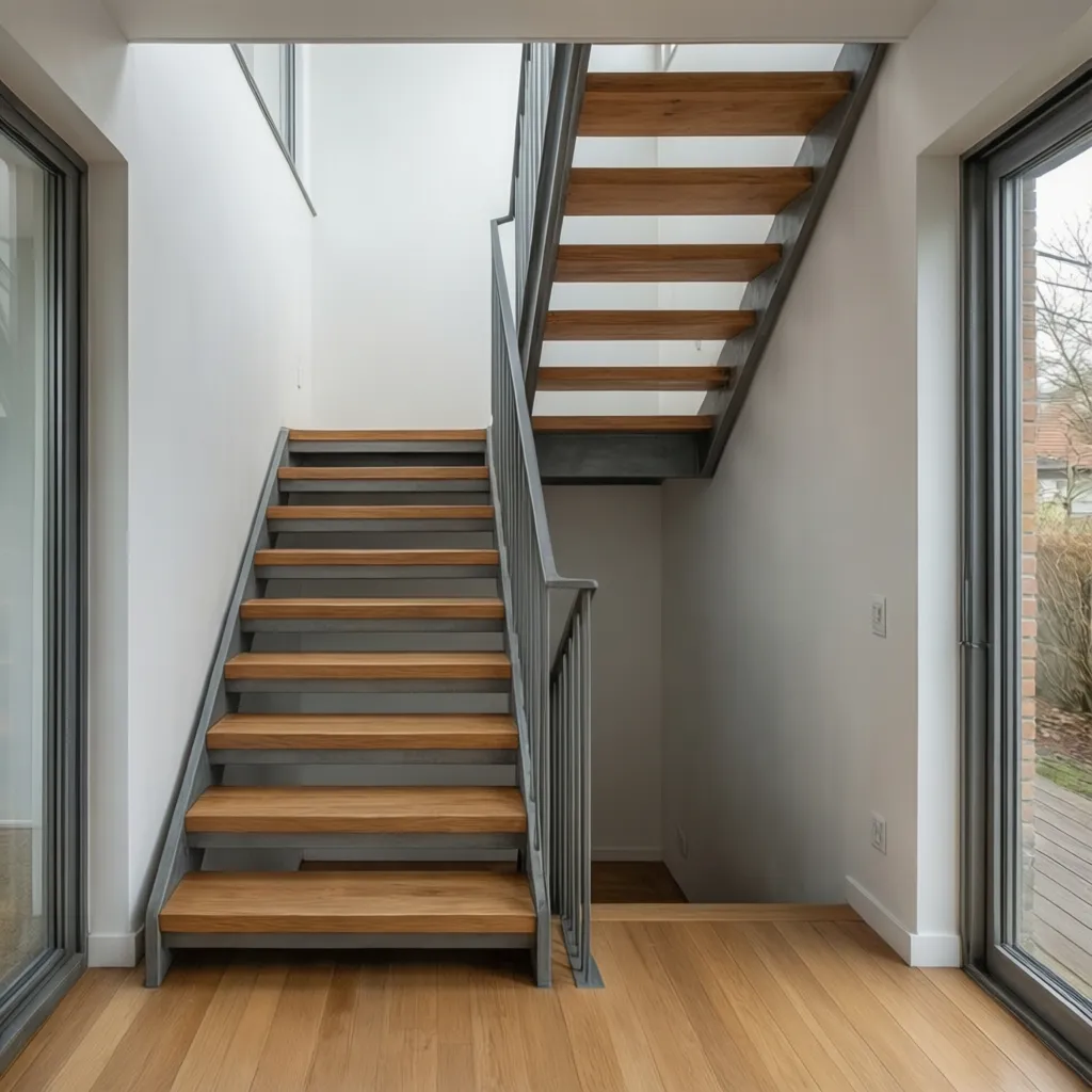 Modern staircase with wooden steps and grey metal railings in bright room with wood floors