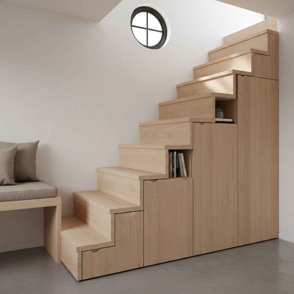 Cầu thang tiết kiệm diện tích trong nhà nhỏ 25m2