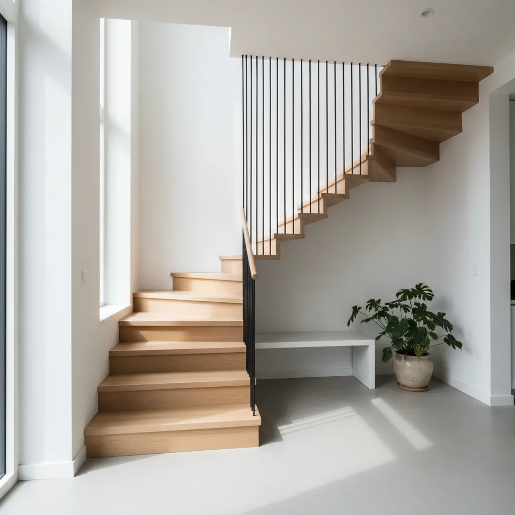 Escalera compacta moderna en una casa pequeña de dos plantas