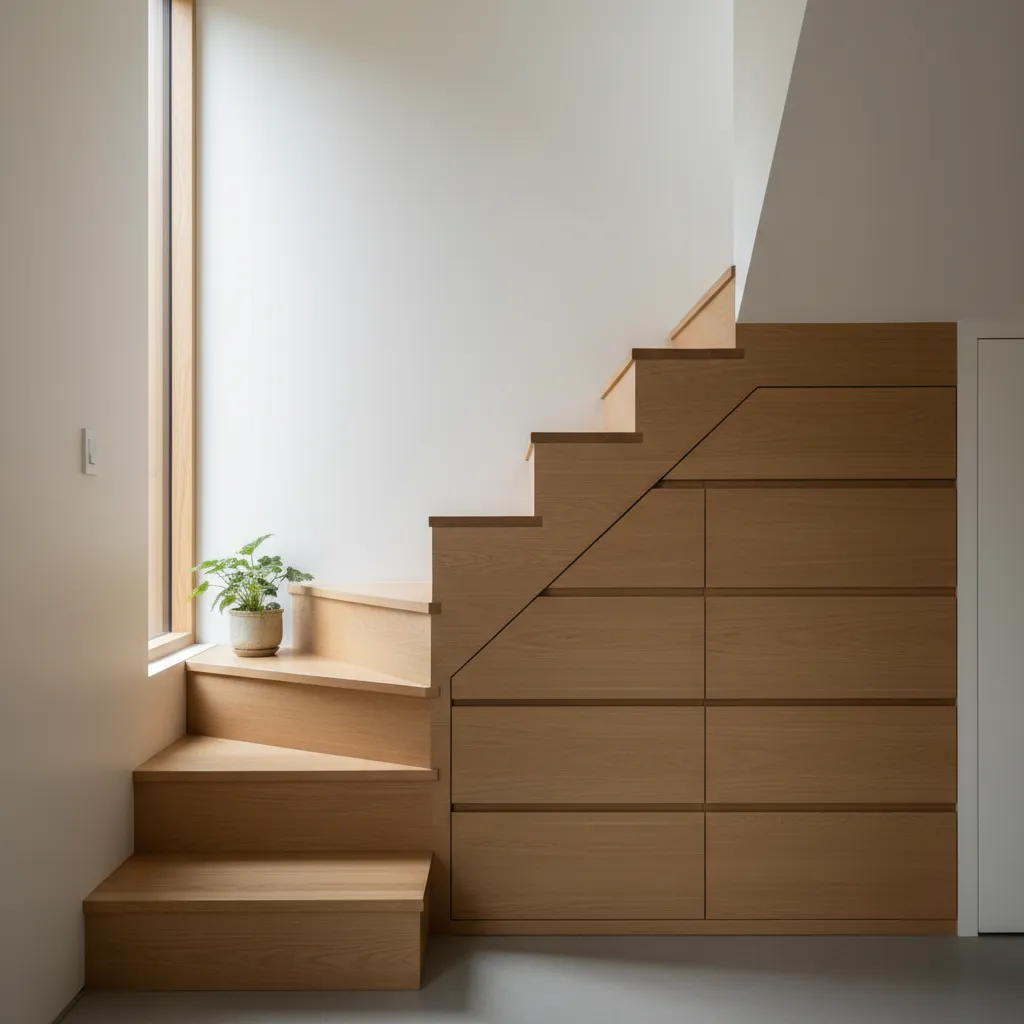 Escalera compacta con almacenamiento inferior en una casa pequeña
