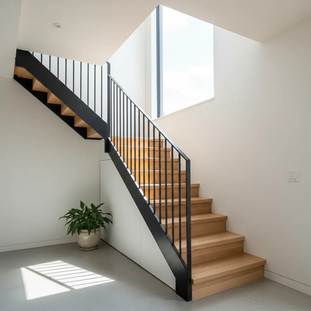 Modern wooden staircase with black railing white walls and green plant in a bright room